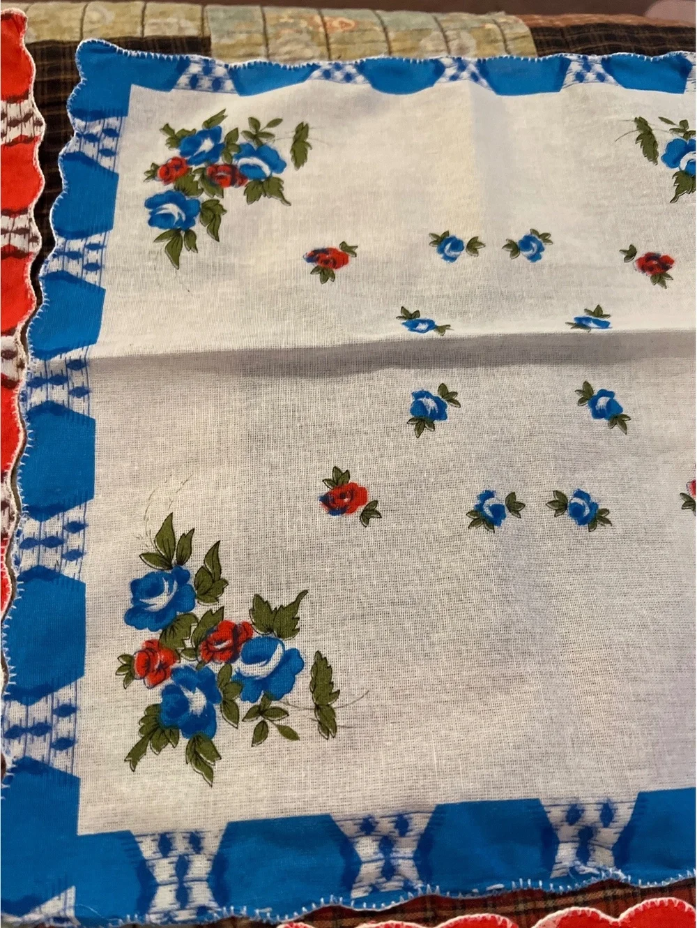 Vintage Floral Cotton Handkerchiefs Set of 6 with Scalloped Edges